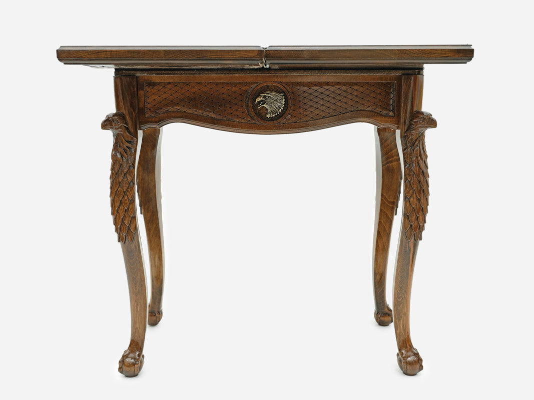 Eagle chess and backgammon table closed, front view showing the drawer and eagle legs