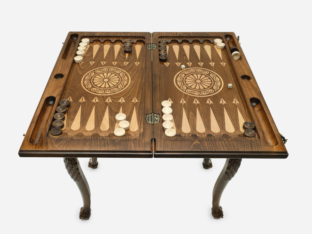 Eagle table opened flat for backgammon with checkers set up, top-down view
