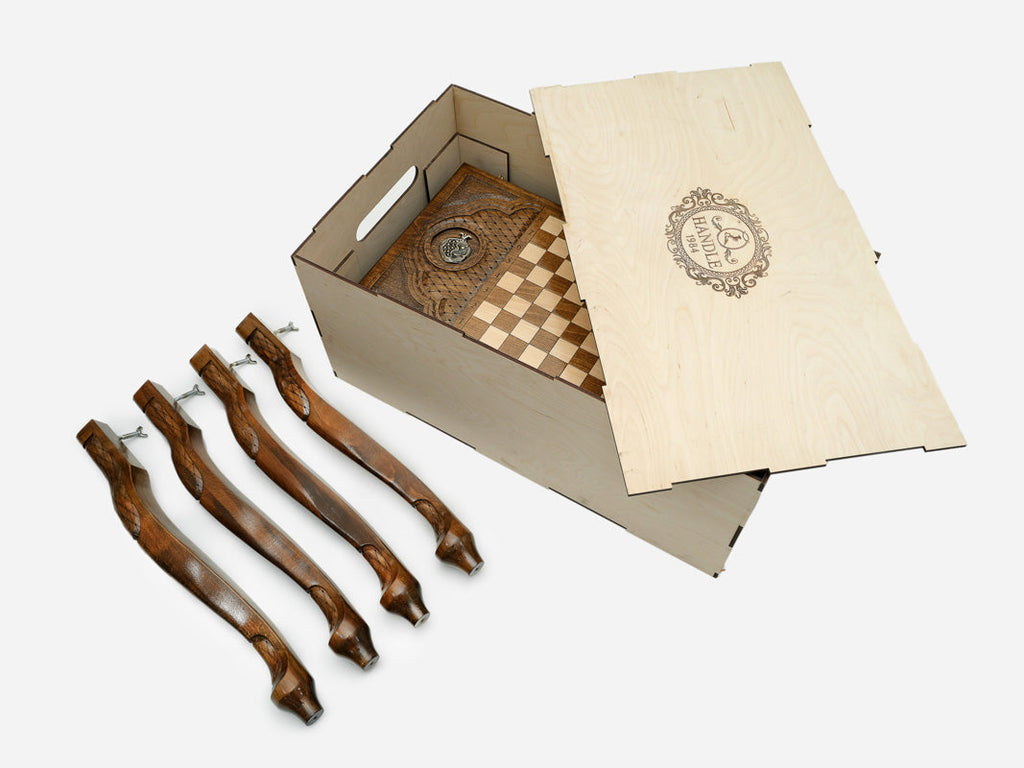 Pomegranate chess and backgammon table disassembled in its shipping crate