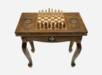 Pomegranate chess and backgammon table set up for chess, straight front view