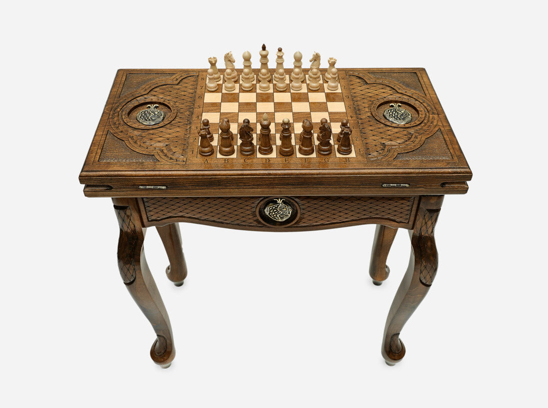 Pomegranate chess and backgammon table set up for chess, straight front view