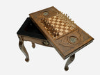 Pomegranate table opening to reveal the backgammon compartment
