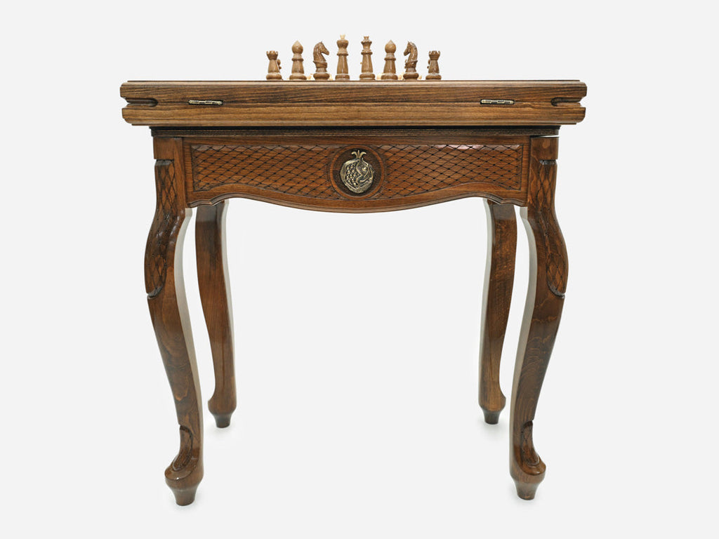 Pomegranate chess and backgammon table with chess pieces set up, front view