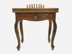Pomegranate chess and backgammon table with chess pieces set up, front view