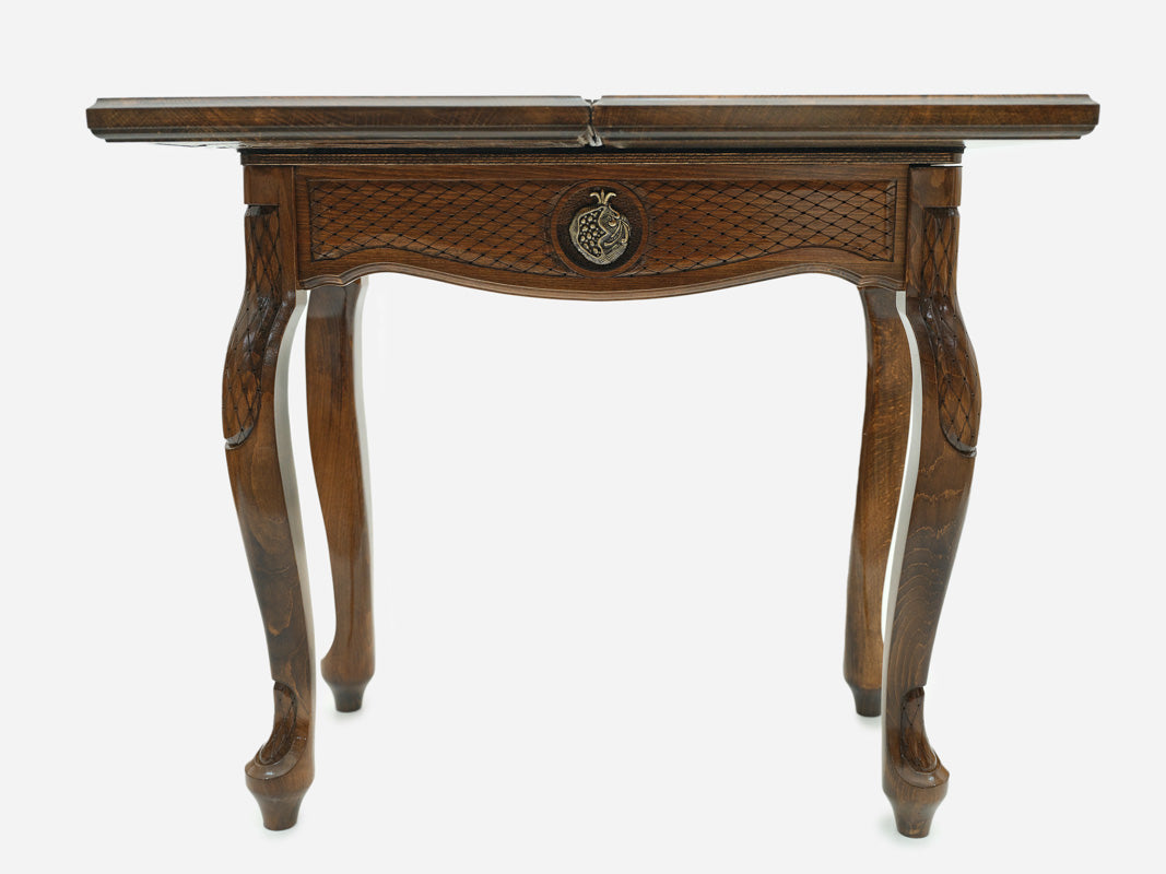 Pomegranate chess and backgammon table closed, front view showing the drawer and legs