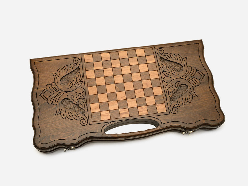 Side view of the folded board showing its bronze hinges and clasps