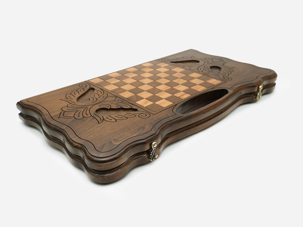 The Armenian backgammon board opened to the full 60 cm wooden playing field