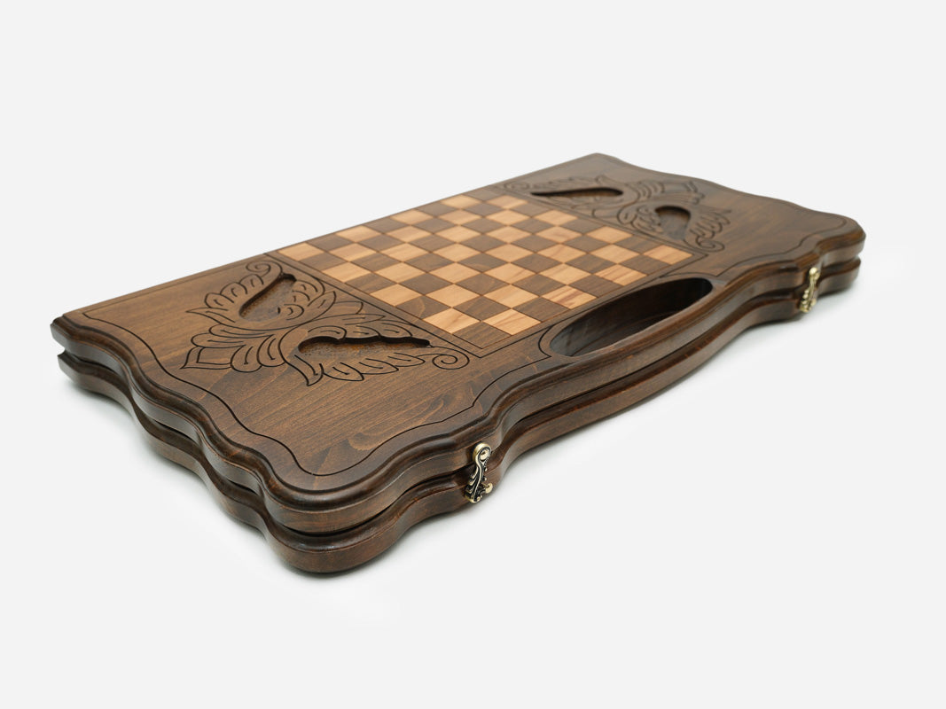 The Armenian backgammon board opened to the full 60 cm wooden playing field