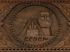 Detail of the carved scrollwork and Artsakh lettered in Armenian script