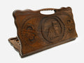 Carved Armenian backgammon board with the Tatik and Papik monument of Artsakh and a cut-out carry handle, propped open