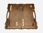 Angled view of the handmade Armenian backgammon set showing the carved lid