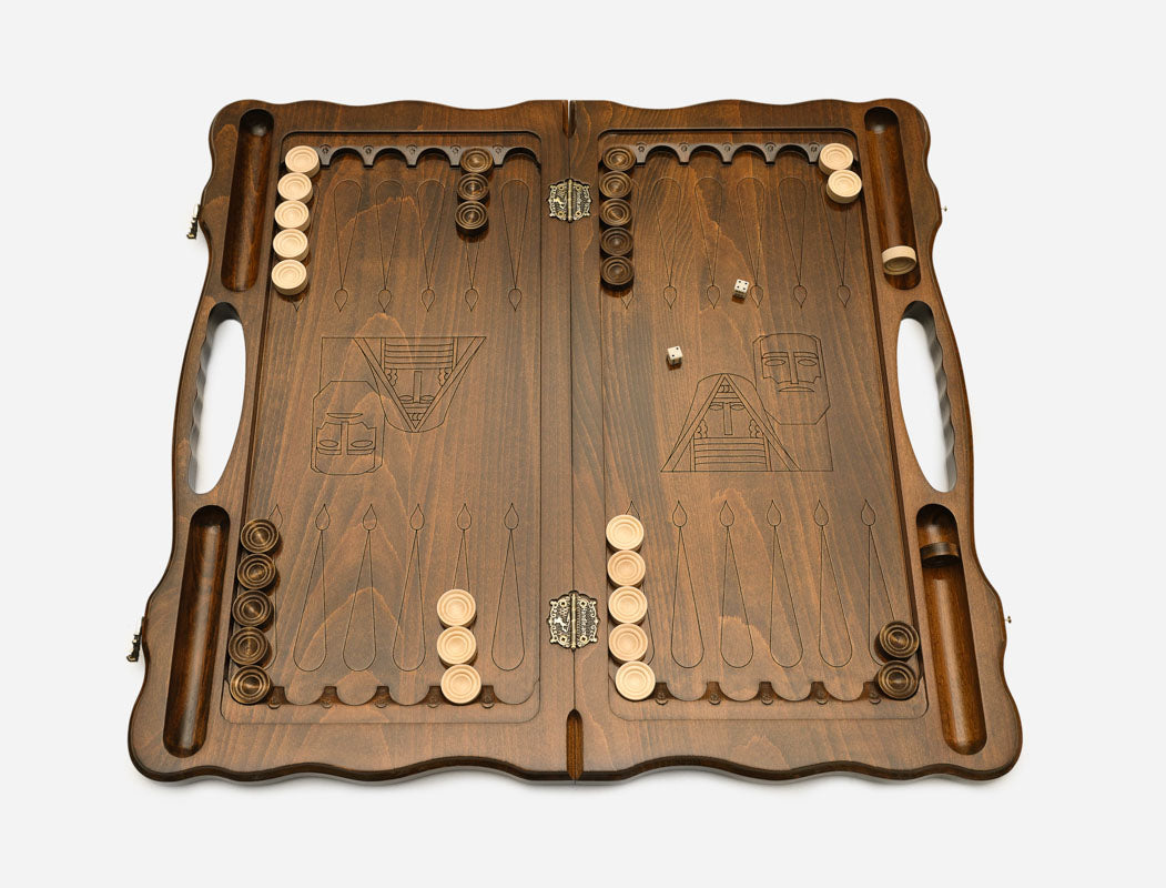 Angled view of the handmade Armenian backgammon set showing the carved lid