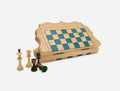 Luxury blue epoxy travel chess set in pale wood with turned wooden pieces, shown partly open