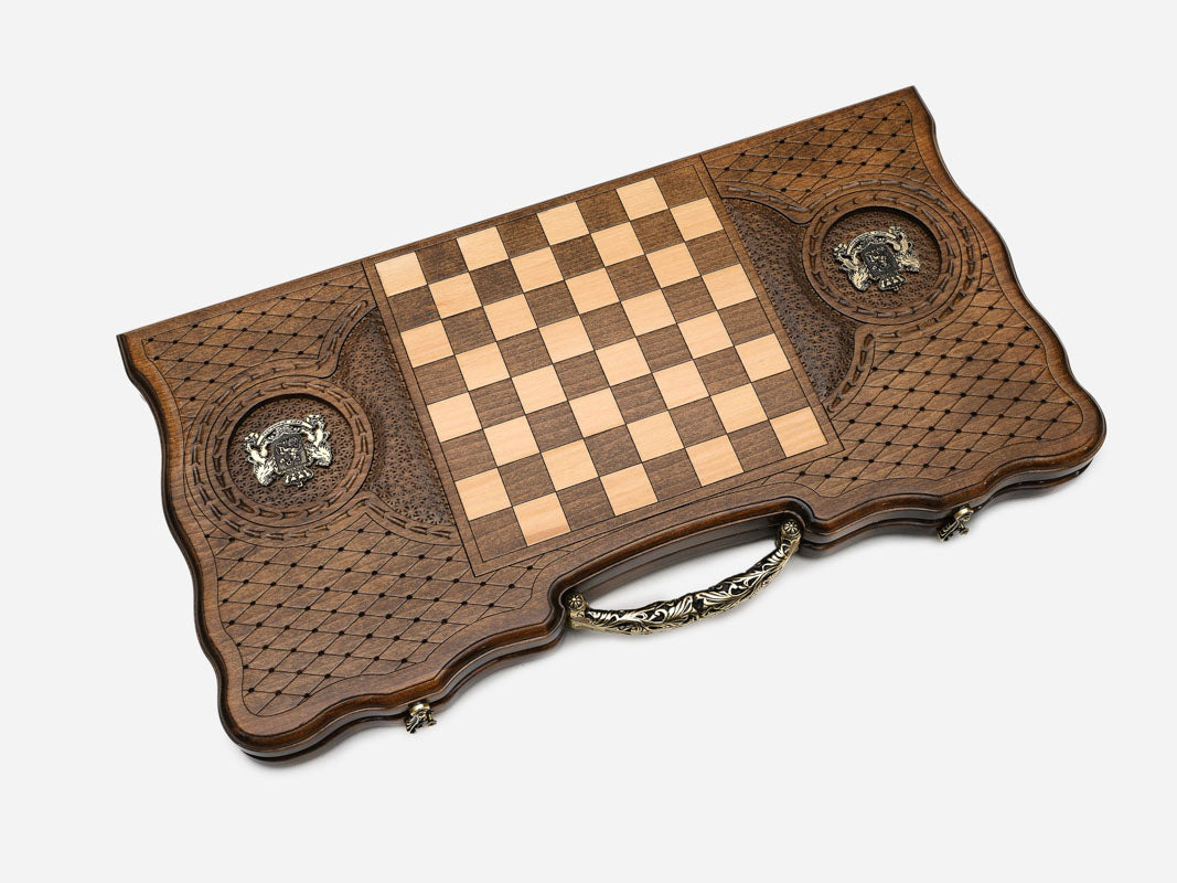 Side view of the folded board showing its depth and bronze hinges