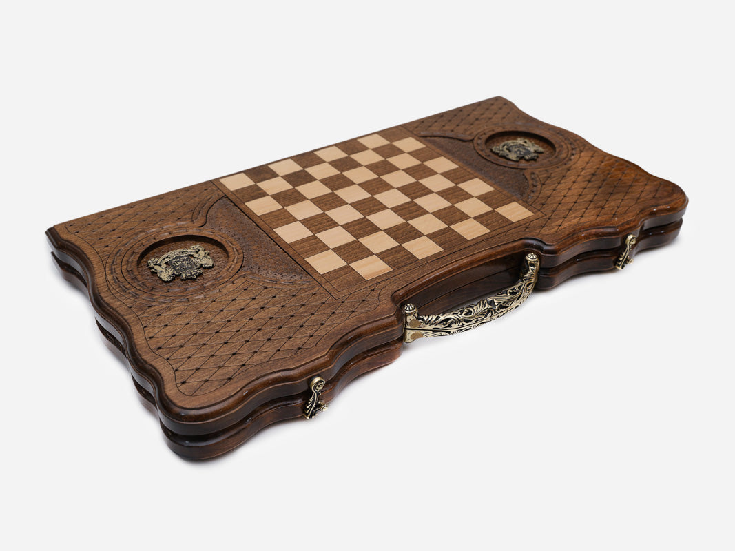 The Georgian backgammon board opened to the full 60 cm wooden playing field