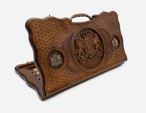 Luxury Georgian backgammon board with the coat of arms, bronze roundels and an ornate bronze carry handle, propped open