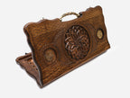 Luxury Armenian backgammon board with a carved flower, bronze roundels and an ornate bronze carry handle, propped open
