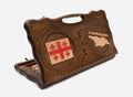 Carved Georgian backgammon board with the five-cross flag and the map of Georgia, cut-out carry handle, propped open