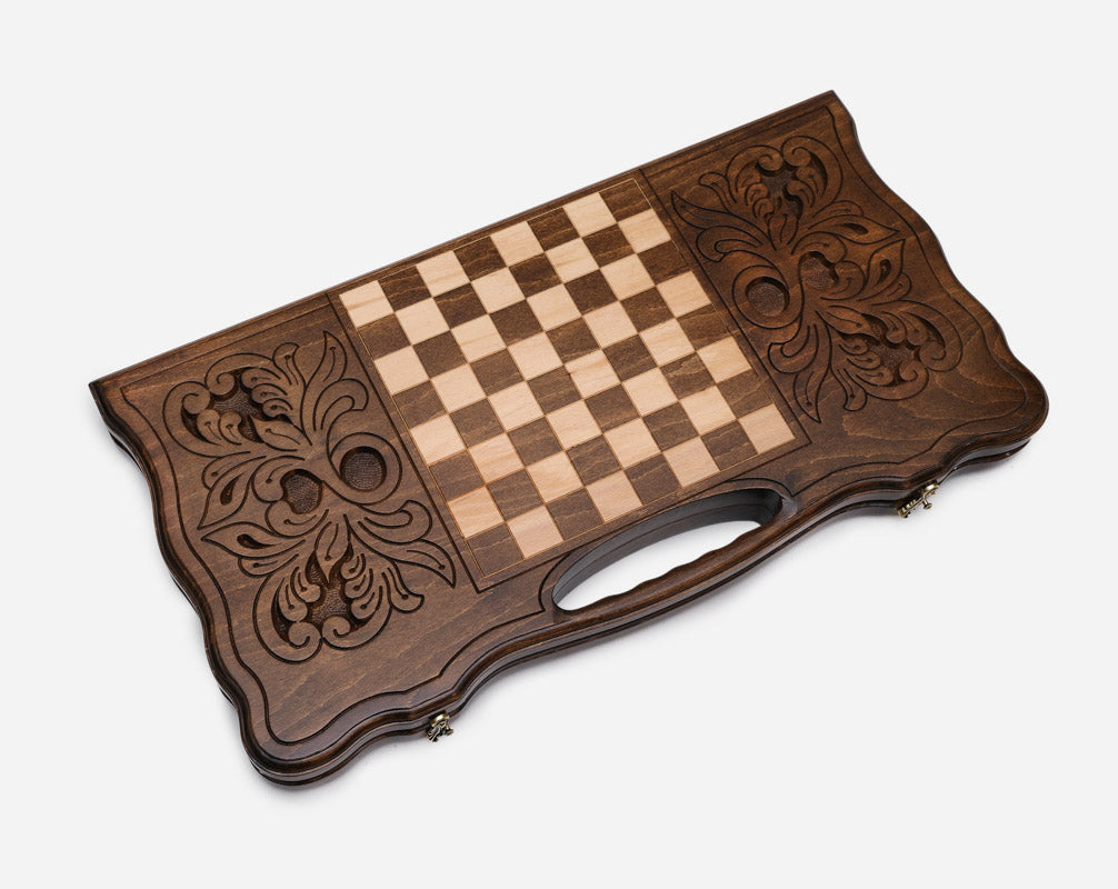 The Georgian backgammon board opened to the full 60 cm wooden playing field