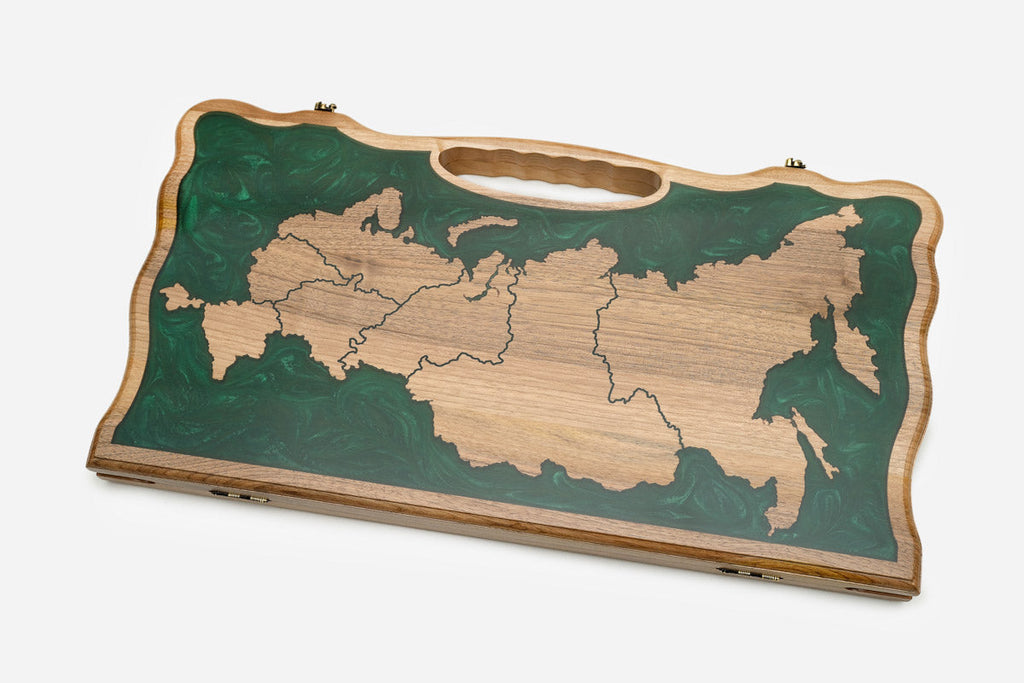 The Russia map epoxy backgammon board shown closed