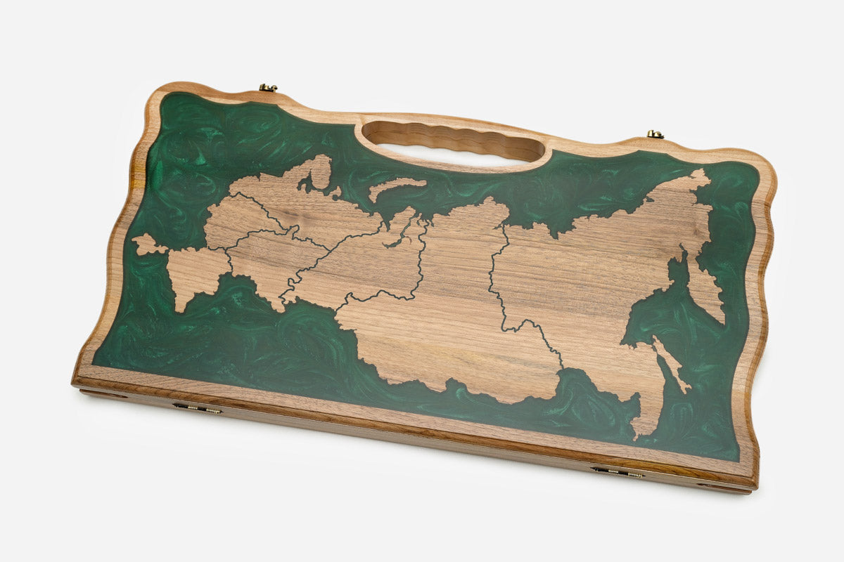 The Russia map epoxy backgammon board shown closed