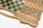 The open backgammon layout with wooden checkers