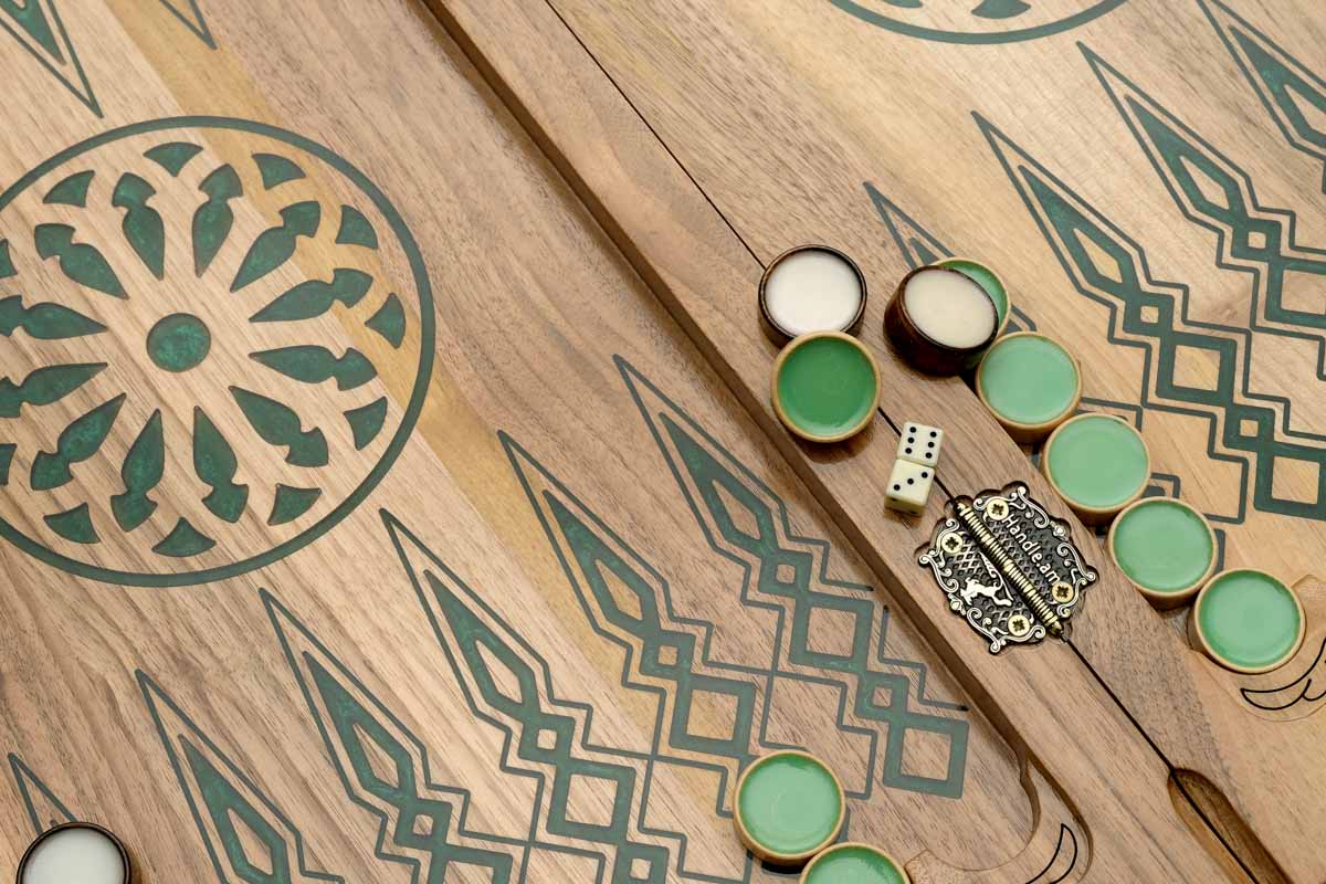 Angled view of the Russia map epoxy backgammon board