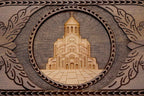Detail of the carved scrollwork framing the cathedral