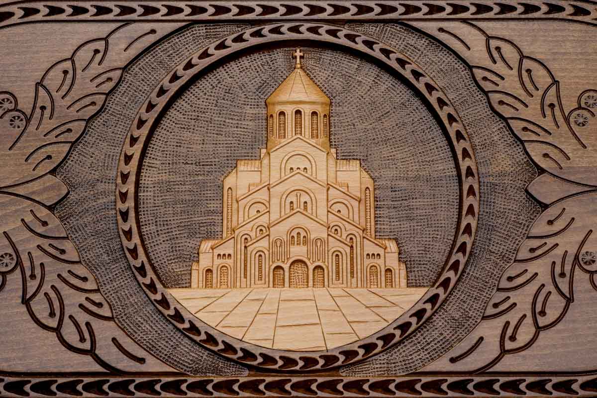 Detail of the carved scrollwork framing the cathedral