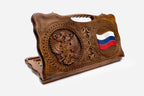 Carved Russian backgammon board with the double-headed eagle and tricolour flag, cut-out carry handle, propped open