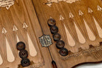 Angled view of the handmade Russian backgammon set showing both emblems on the lid
