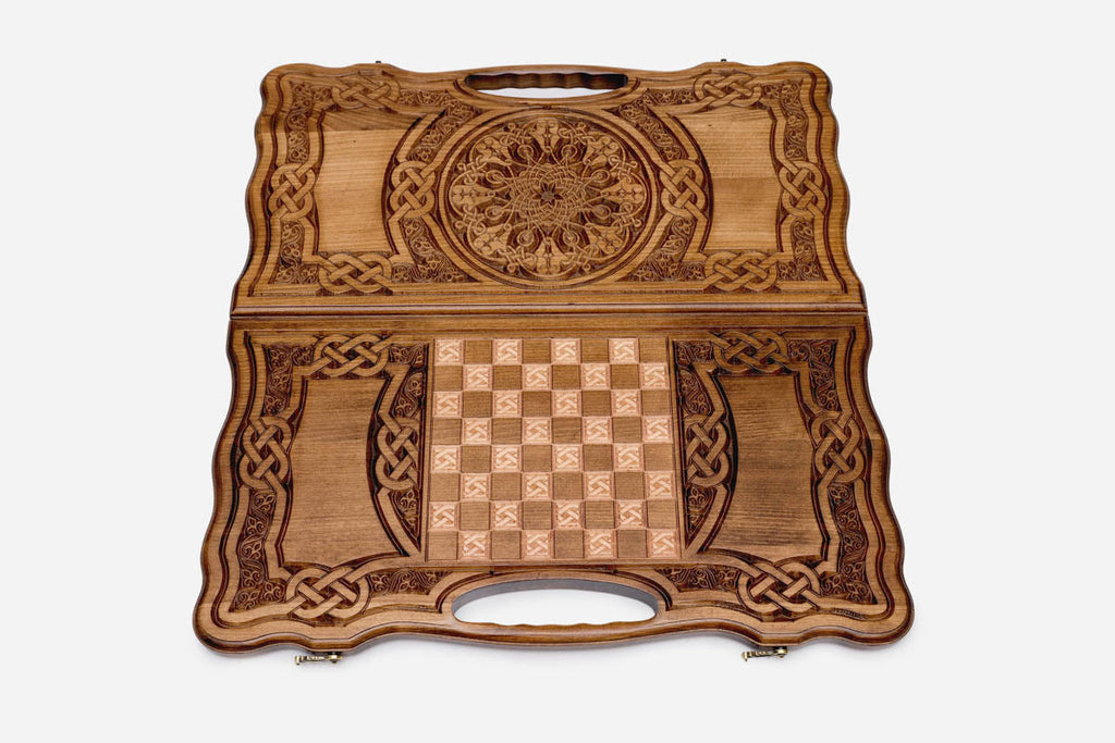 The Armenian backgammon board opened to the full 60 cm wooden playing field