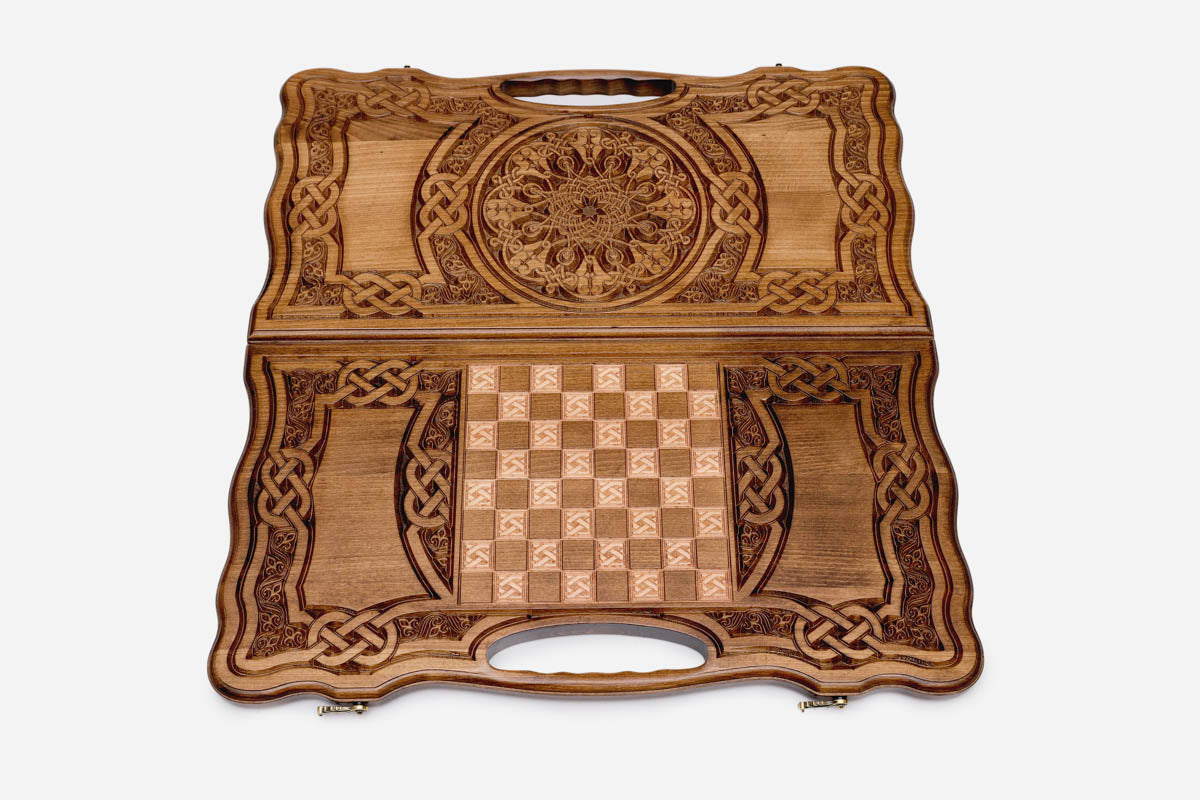 The Armenian backgammon board opened to the full 60 cm wooden playing field