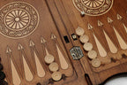 Angled view of the luxury Armenian backgammon set showing the panelled lid