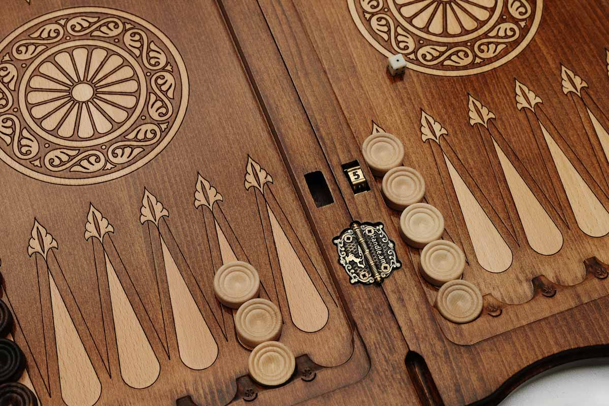 Angled view of the luxury Armenian backgammon set showing the panelled lid