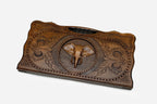 Angled view of the handmade backgammon set showing the carved elephant on the lid
