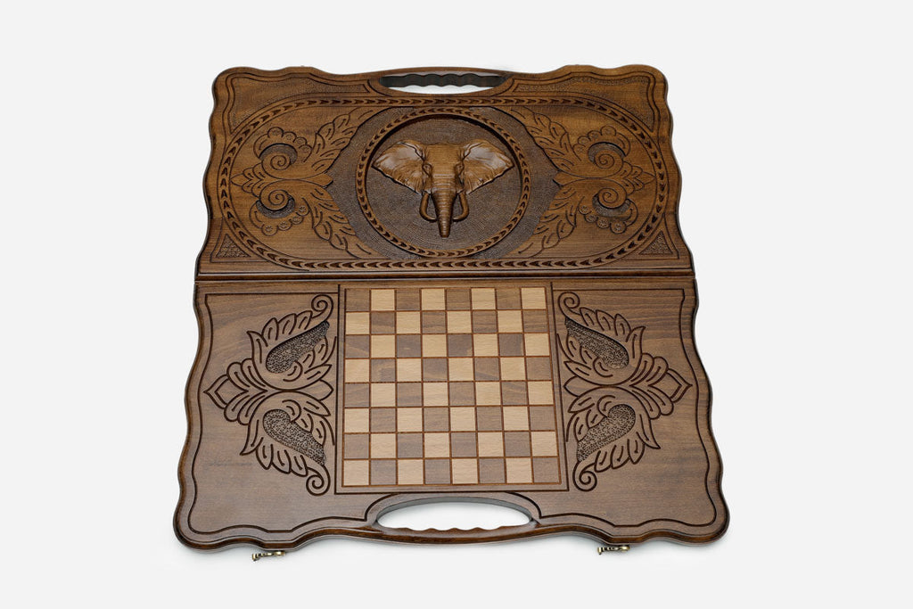 The backgammon board opened to the full 60 cm wooden playing field