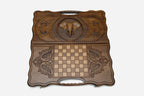 The backgammon board opened to the full 60 cm wooden playing field