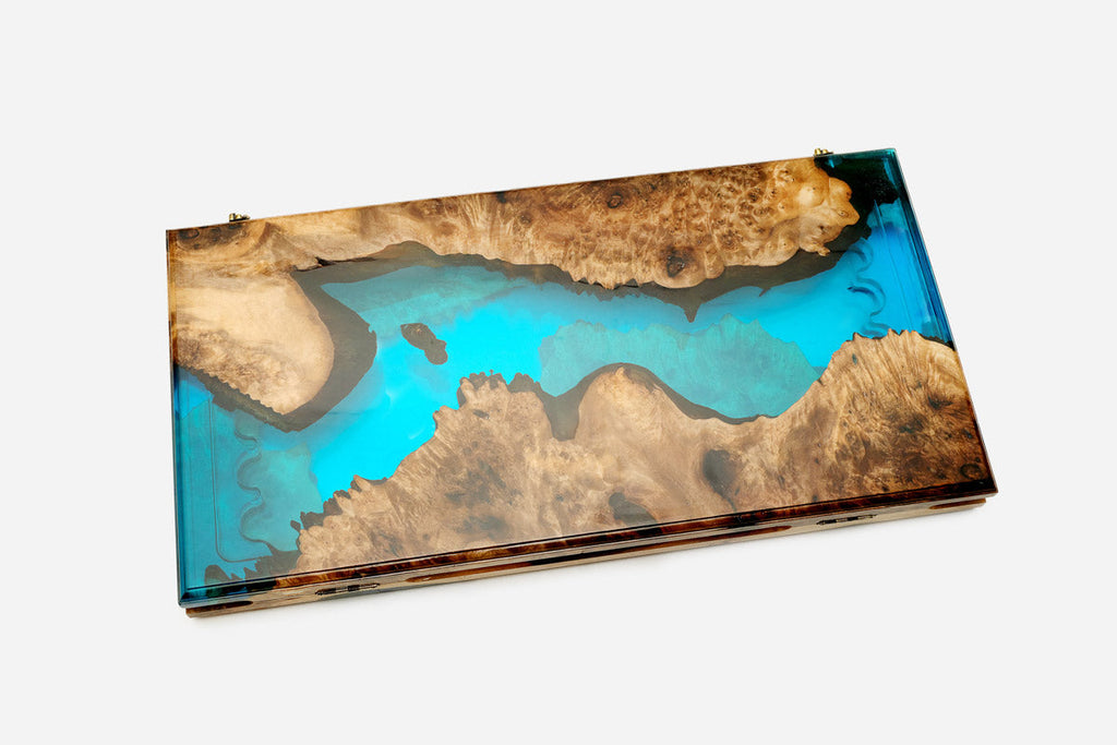 Overhead view of the turquoise river epoxy backgammon board