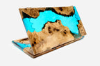 Folding walnut backgammon board with a turquoise river of epoxy flowing between live-edge wood, standing open