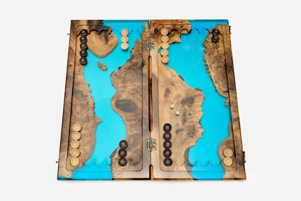 Angled view of the turquoise river epoxy backgammon board