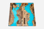 Angled view of the turquoise river epoxy backgammon board