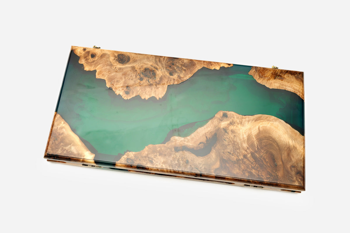The green river epoxy backgammon board shown closed