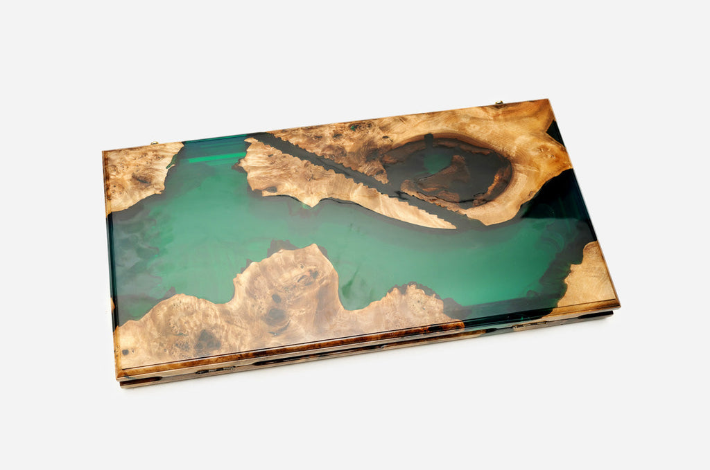 Overhead view of the river epoxy backgammon board