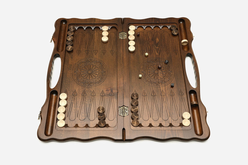 Lion portrait backgammon board, angled view
