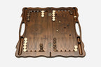 Lion portrait backgammon board, angled view