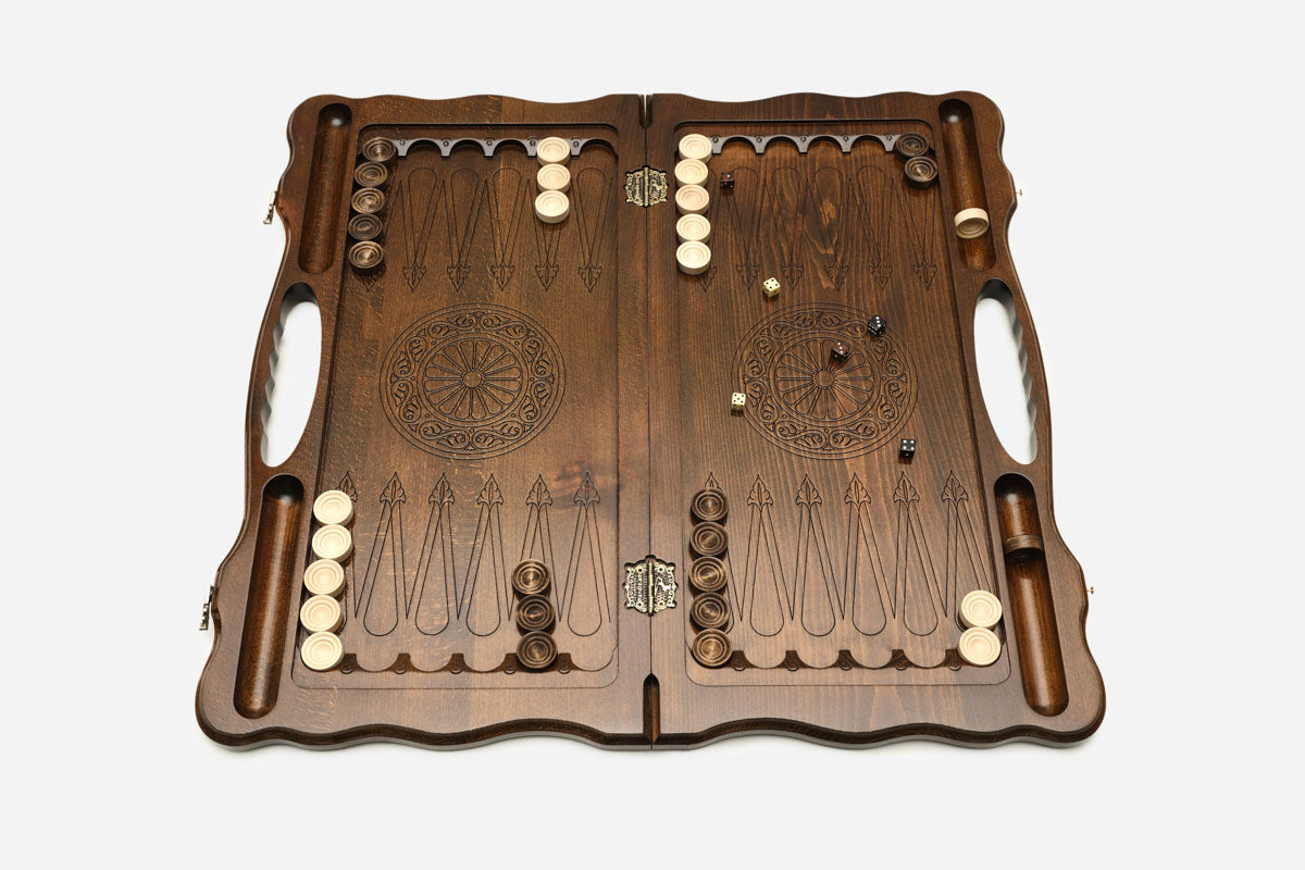 Lion portrait backgammon board, angled view