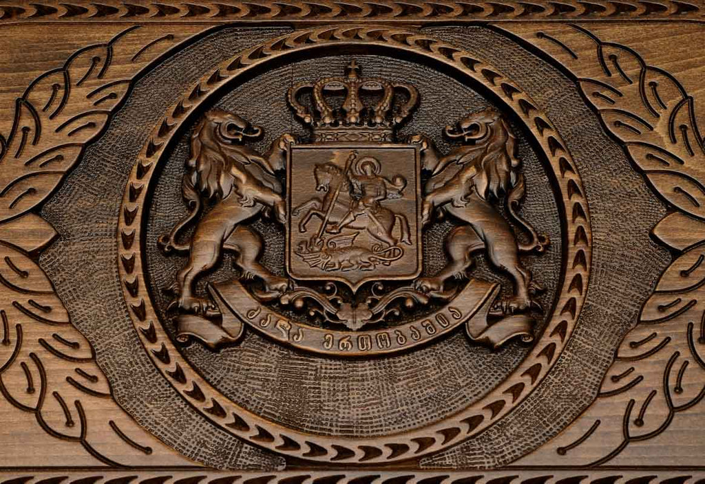 Close-up of the carved Georgian coat of arms