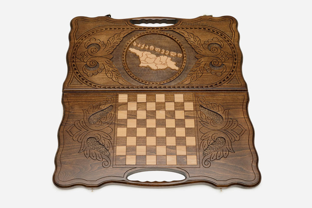 The Georgian backgammon board opened to the full 60 cm wooden playing field