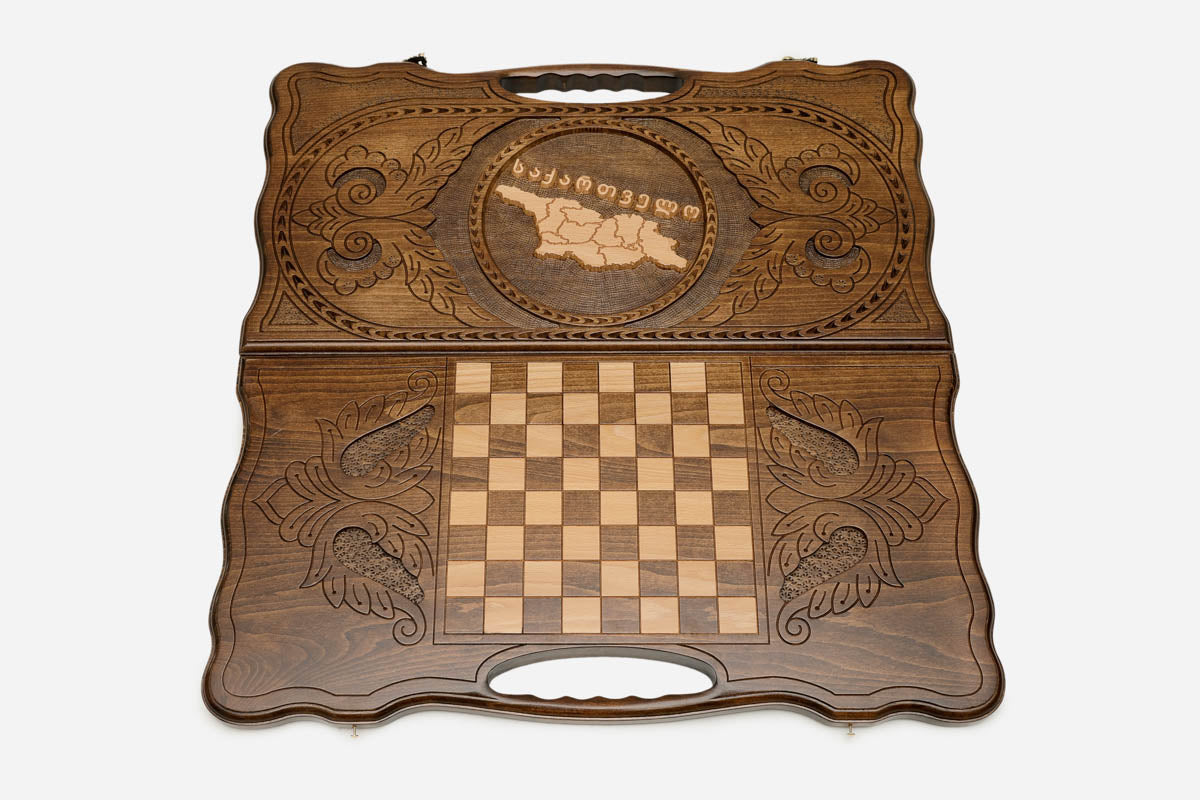 The Georgian backgammon board opened to the full 60 cm wooden playing field